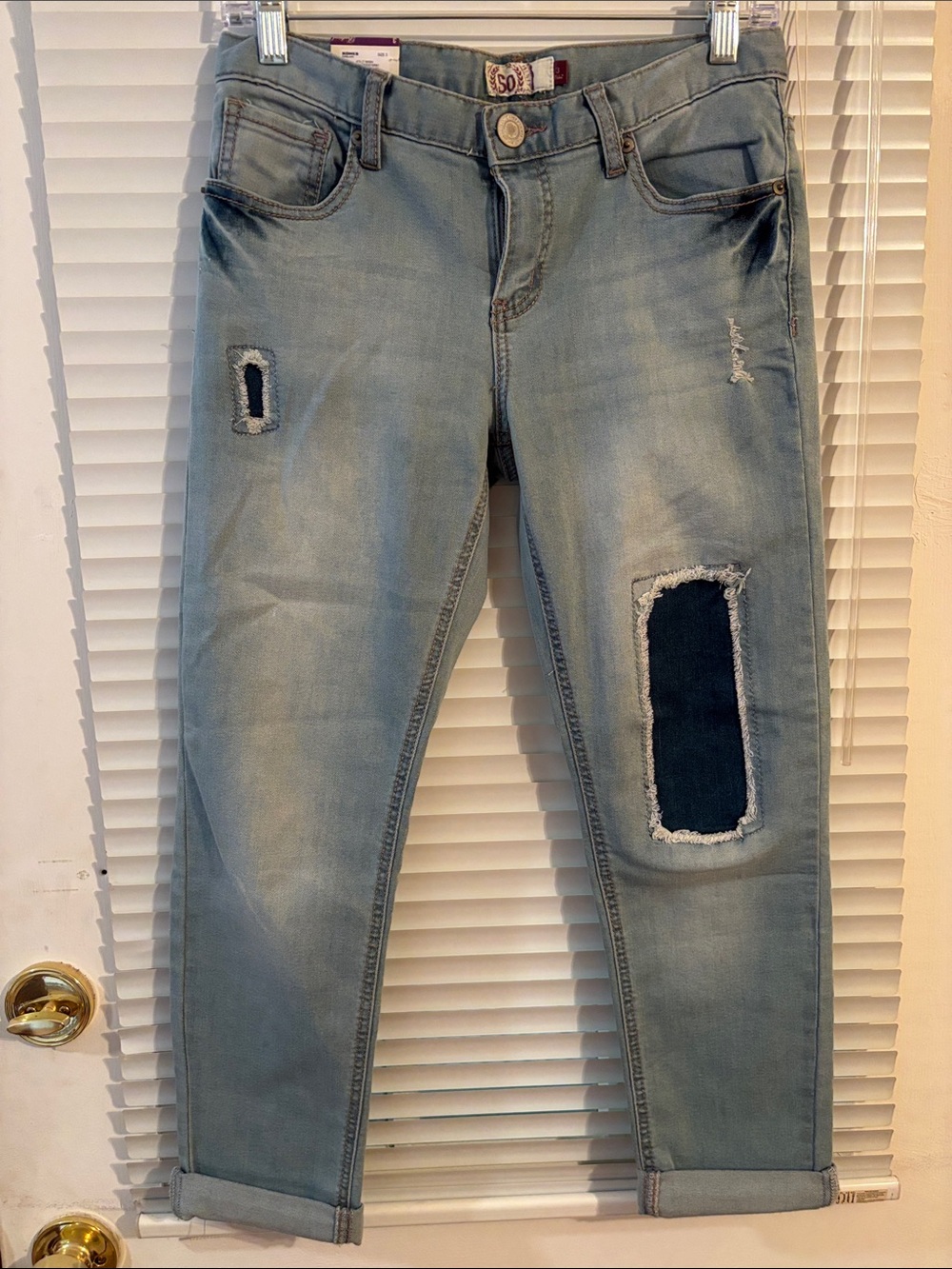 Kohl's SO Light Blue Distressed Boyfriend Jeans with Dark Patch 22” Inseam